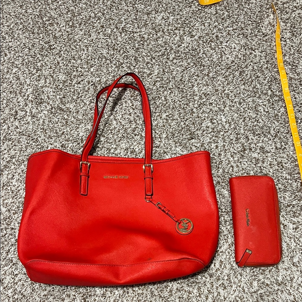 Michael Kors Vibrant Orange Red Tote and Wallet Set